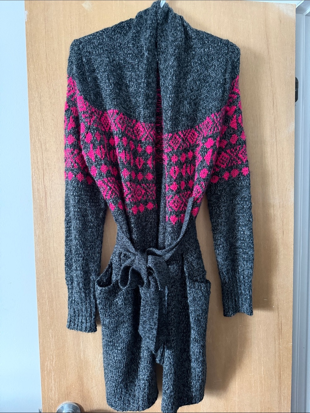 Cozy Dark Gray and Pink Knit Cardigan Sweater with Belt